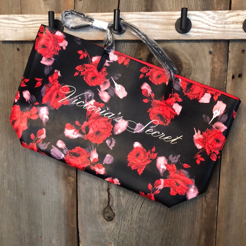 Victoria’s Secret Rose Tote Bag Black Floral Red